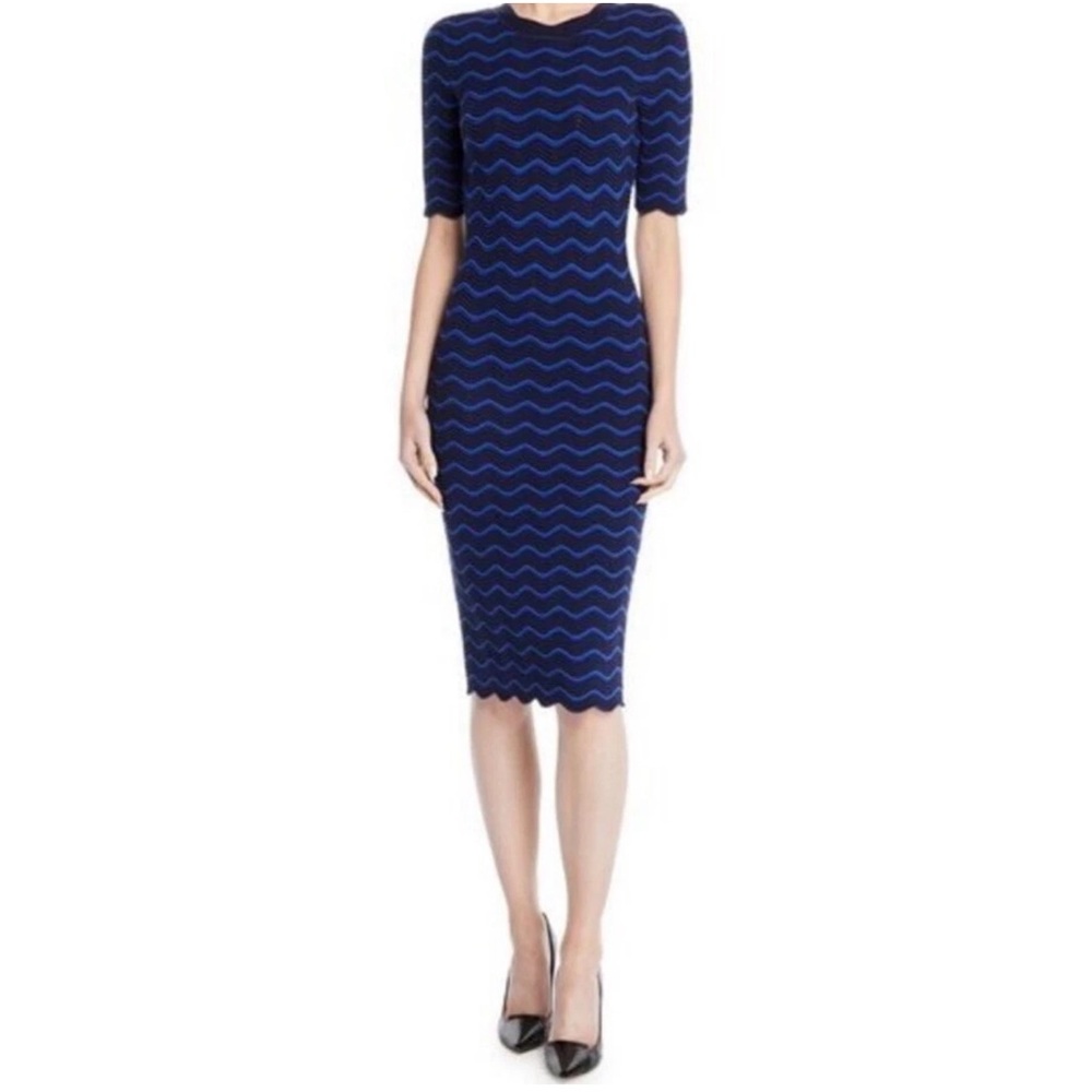 Milly Navy Black Textured Wave Stripe Flare Godet Knit Dress M